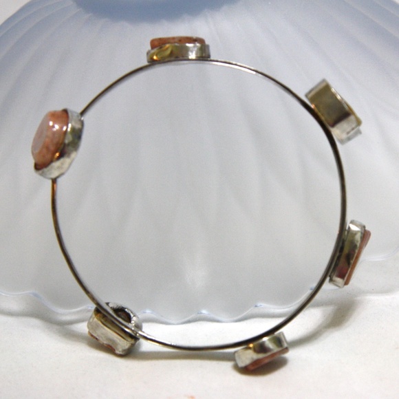 Chunky Natural Bezel Set Agate Bangle Bracelet in Solid Sterling Silver - Picture 2 of 6